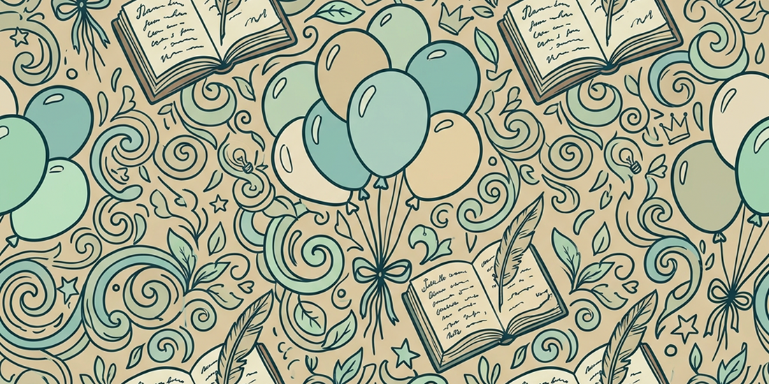Seamless pattern of bundles ballons and open book with quill
