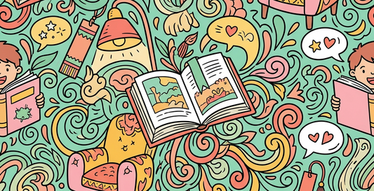 Doodle illustration of books and reading lamps encouraging reluctant readers at home