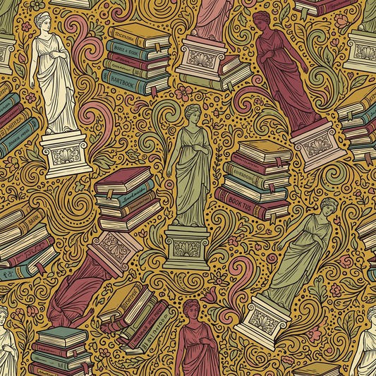 Seamless doodle art pattern with female statues and pile of books in warm earthy tones