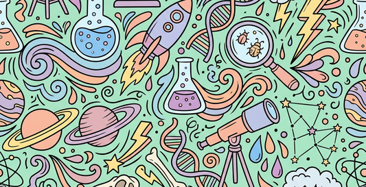 Doodle illustration of telescopes and planets representing fun science facts for kids and parents