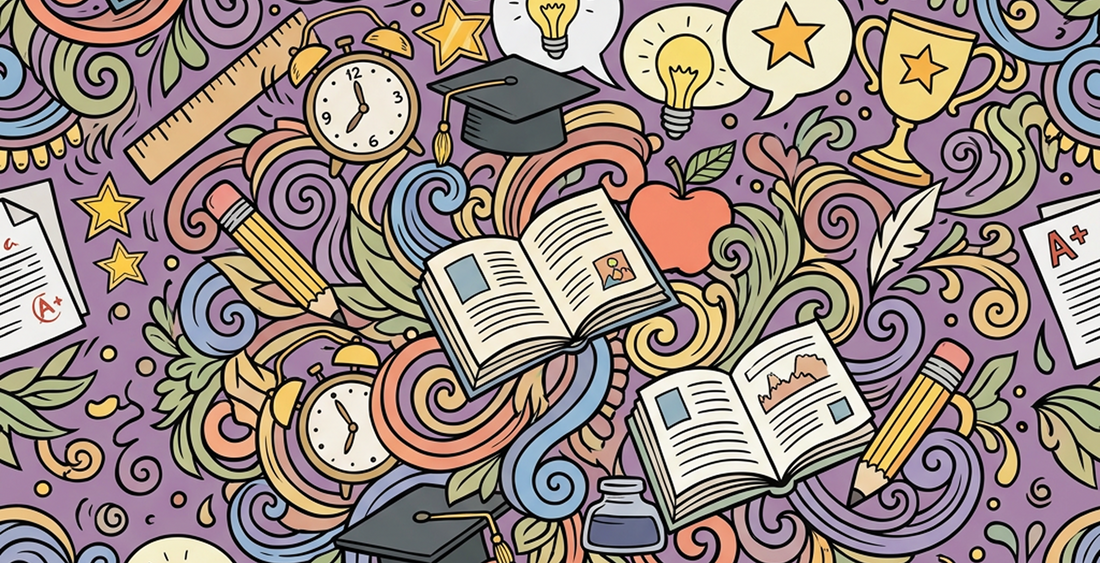 Doodle illustration of textbooks and pencils representing reading habits for kids academic success
